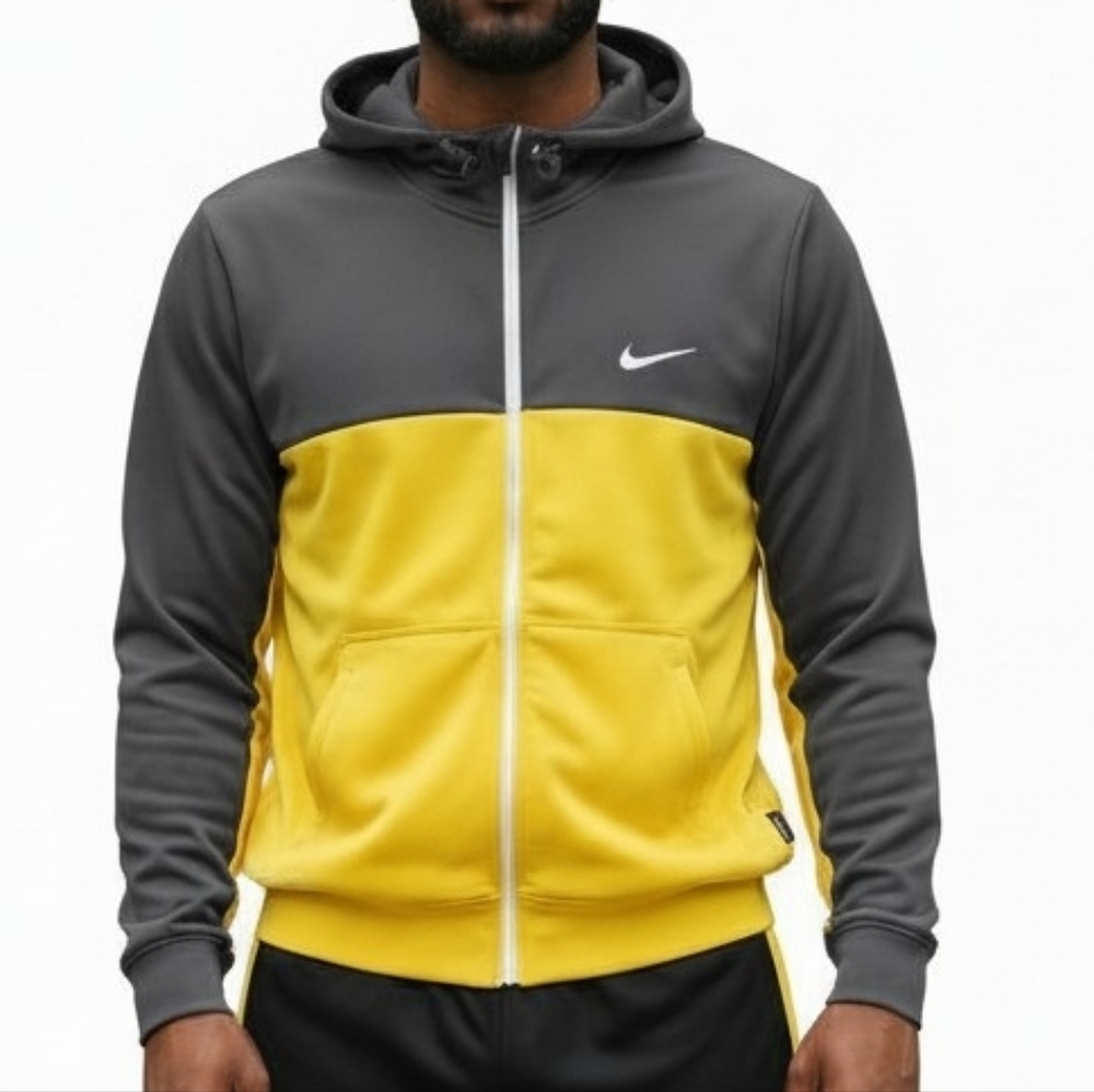 Nike Therma Fit Track Jacket Men Size XL Gray Yellow Full Zip Hoodie Fleece